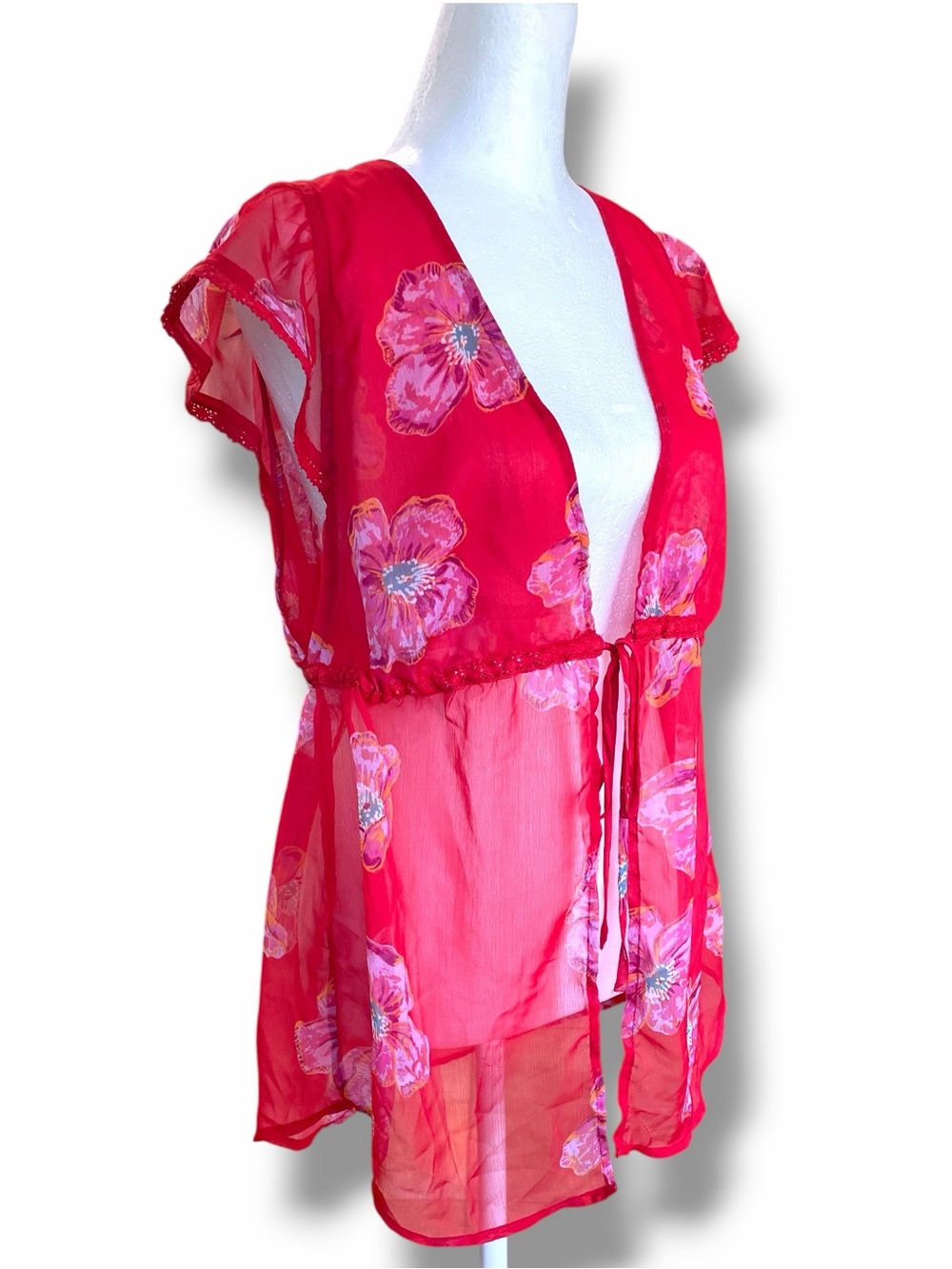 NWOT Free People Cecile Printed Sheer Floral Tie Front Top Red Pink Size Small - Picture 6 of 14